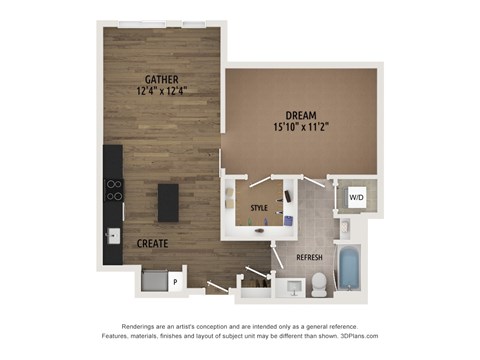 Floor plan for 1 bed, 1 bath, 720 sqft